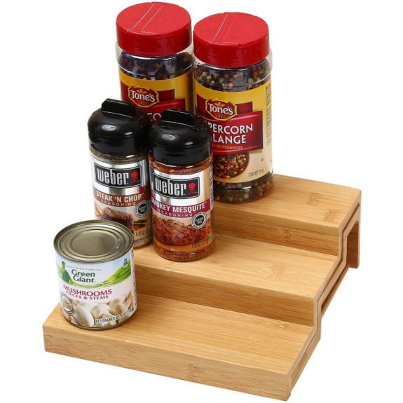3 Tier Bamboo Spice Rack Step Shelf Organizer For Cabinet