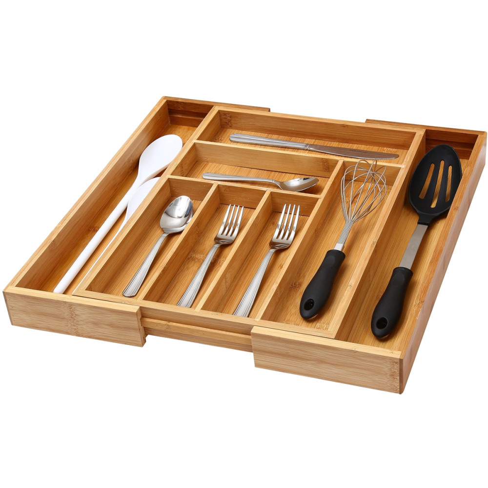 Expandable Bamboo Cutlery Tray with 6 Compartments (Expands to 8