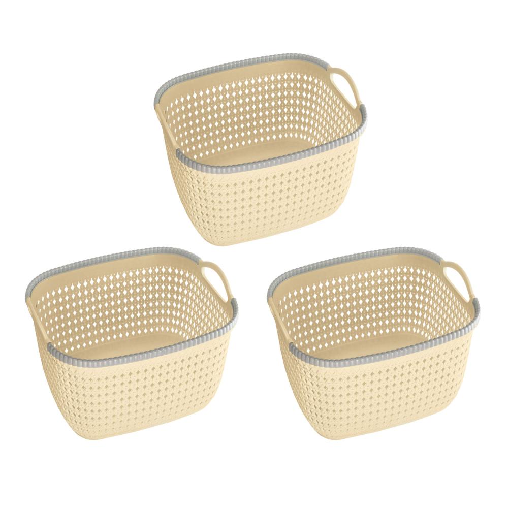 Rattan Plastic Weave Basket, Storage Bins Organizer - 3 Pack-Large - Picture 1 of 4